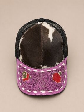 Pink Tooled Leather & Cowhide Trucker Hat - NWOT